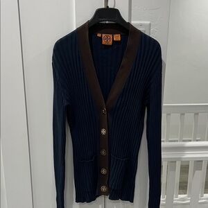 Tory Burch Dark Blue Cardigan with Chocolate Trim
